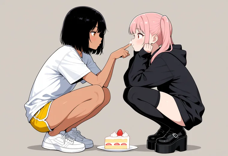 鼻の頭にクリームをつけるの2人ポーズのAIイラスト作例
