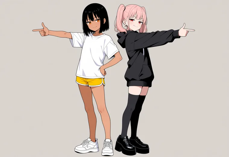 背中合わせで指ピストルの2人ポーズのAIイラスト作例