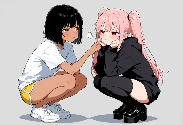 ほっぺをつつくの2人ポーズのAIイラスト作例