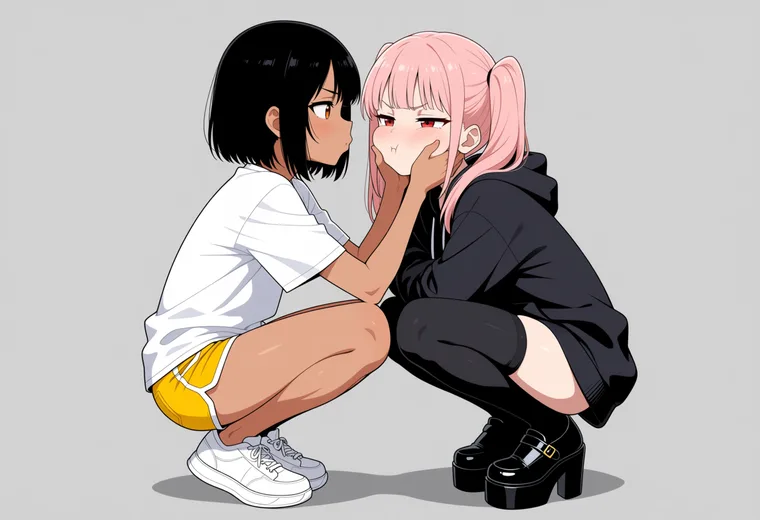 ほっぺを両手で挟むの2人ポーズのAIイラスト作例
