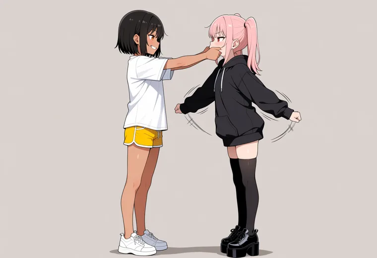 ほっぺを引っぱるの2人ポーズのAIイラスト作例