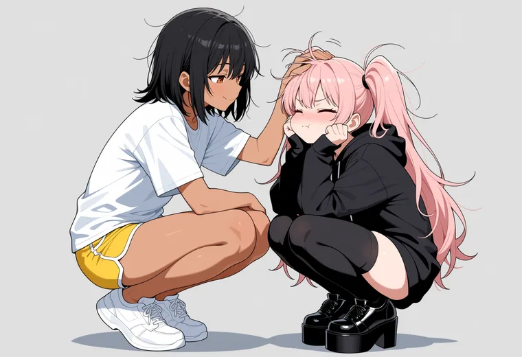 頭をわしゃわしゃ撫でるの2人ポーズのAIイラスト作例
