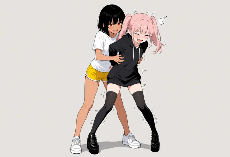 後ろから脇腹をくすぐるの2人ポーズのAIイラスト作例