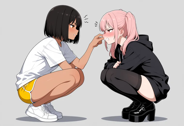 鼻をつまむの2人ポーズのAIイラスト作例