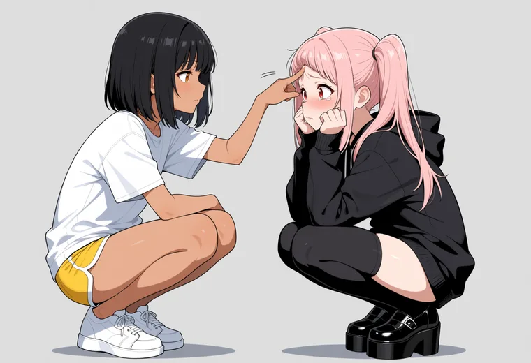 おでこにデコピンの2人ポーズのAIイラスト作例