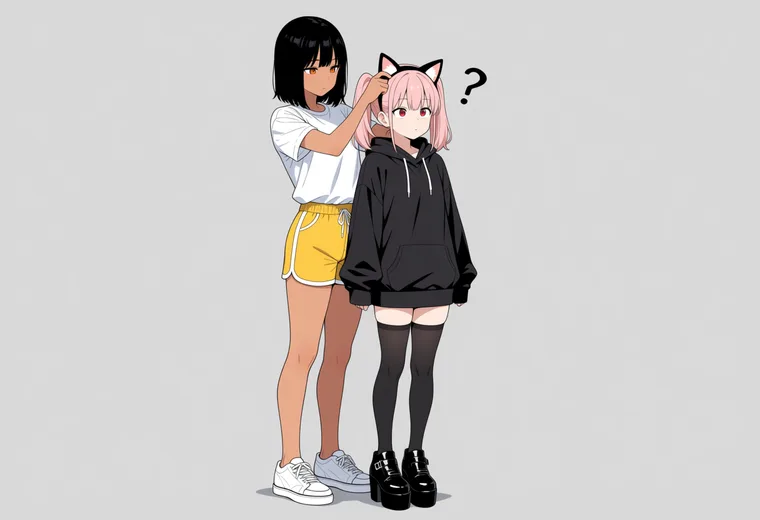 こっそりネコミミをつけるの2人ポーズのAIイラスト作例