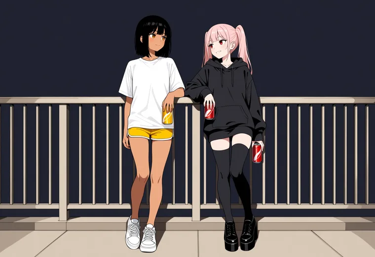 ベランダの手すりにもたれて話すの2人ポーズのAIイラスト作例