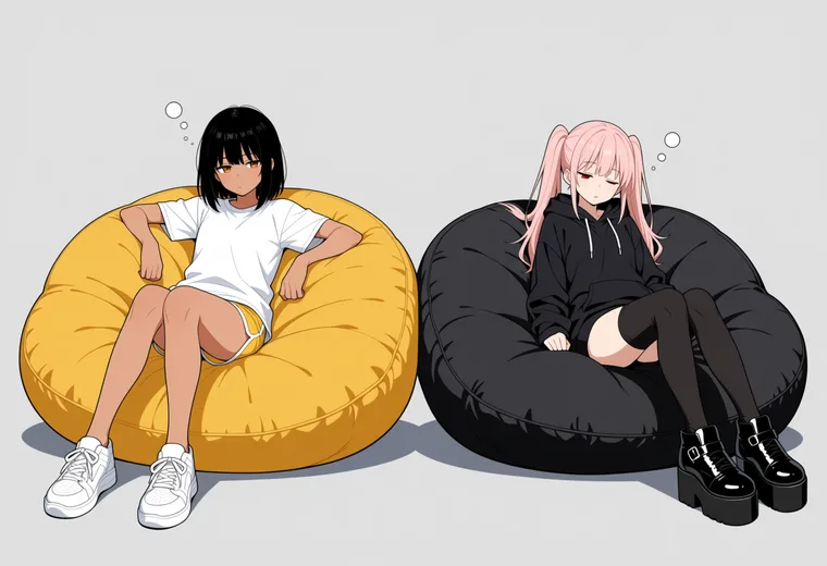 ビーズクッションに沈み込むの2人ポーズのAIイラスト作例