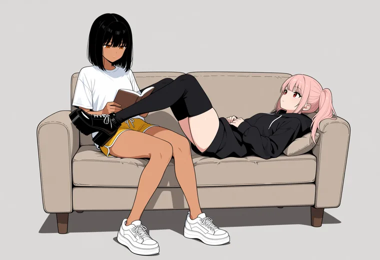 相手の膝に脚を乗せて寝転ぶの2人ポーズのAIイラスト作例