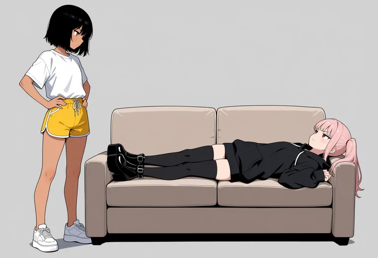 ソファを1人で占領するの2人ポーズのAIイラスト作例
