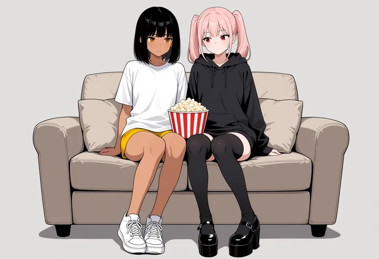 ソファに並んで映画を見るの2人ポーズのAIイラスト作例