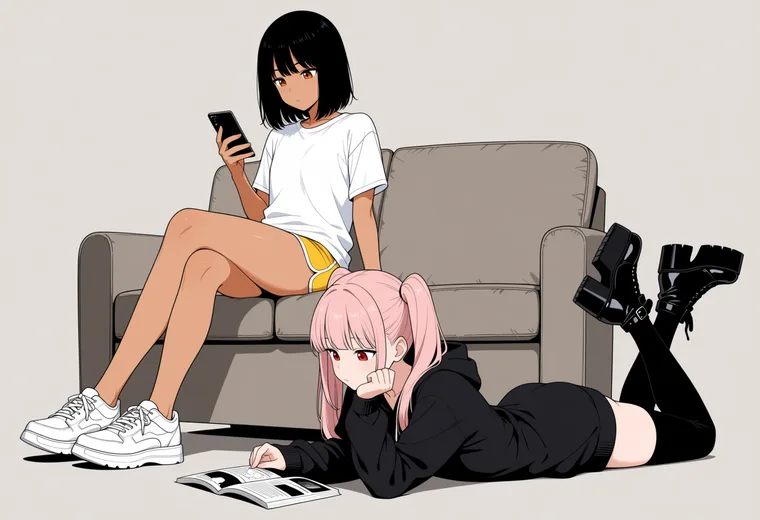 ソファの上と床に分かれてくつろぐの2人ポーズのAIイラスト作例