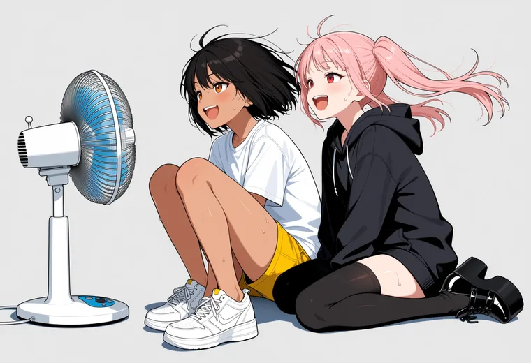 扇風機の前で声を出すの2人ポーズのAIイラスト作例