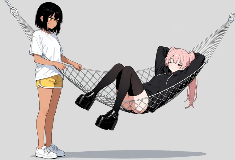 ハンモックを揺らすの2人ポーズのAIイラスト作例