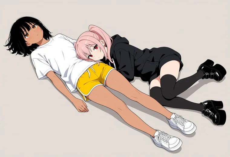 相手のおなかを枕にするの2人ポーズのAIイラスト作例