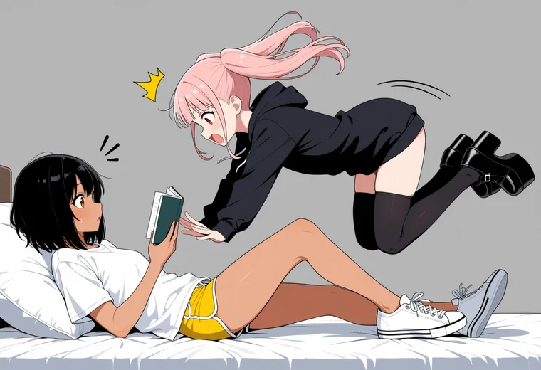 ベッドに飛び込むの2人ポーズのAIイラスト作例