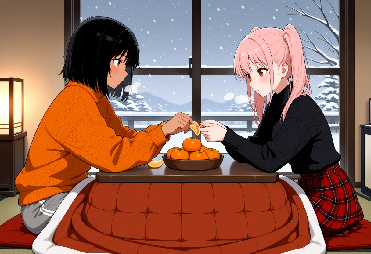 こたつでみかんを食べる × 雪の日の和室の2人ポーズのAIイラスト作例
