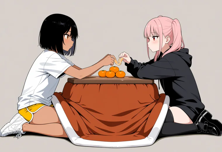 こたつでみかんを食べるの2人ポーズのAIイラスト作例