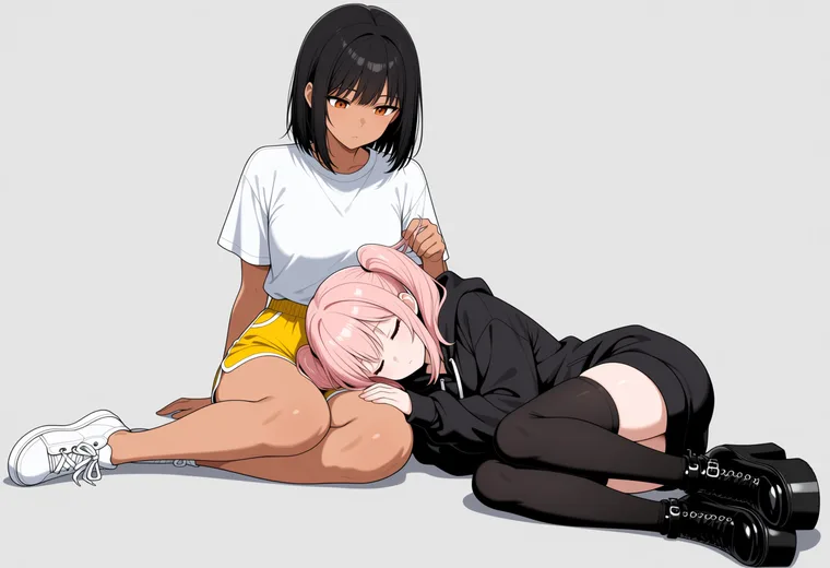 膝枕の2人ポーズのAIイラスト作例