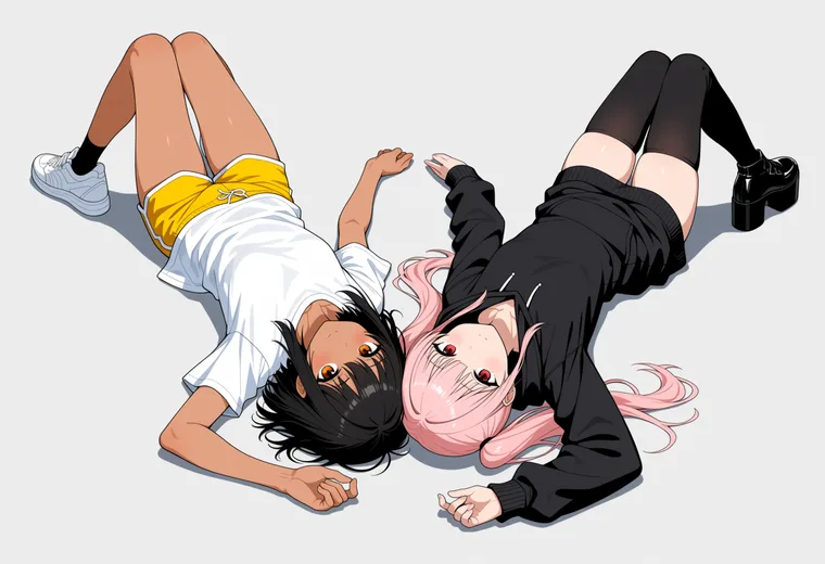 頭をくっつけて逆向きに寝転ぶの2人ポーズのAIイラスト作例