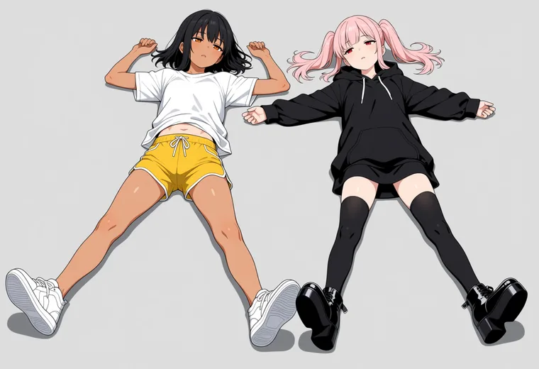 床に大の字で寝転ぶの2人ポーズのAIイラスト作例