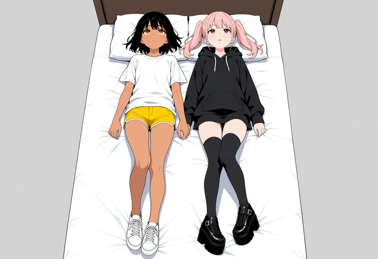 仰向けで天井を見ながら話すの2人ポーズのAIイラスト作例