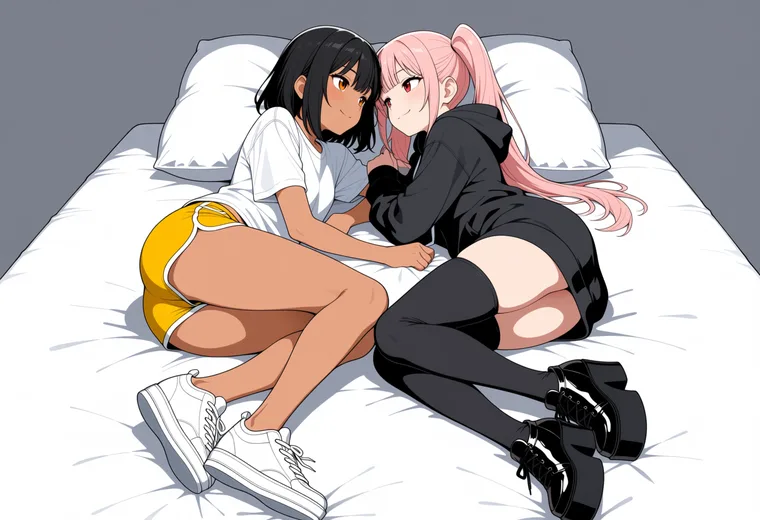 向かい合って横になるの2人ポーズのAIイラスト作例