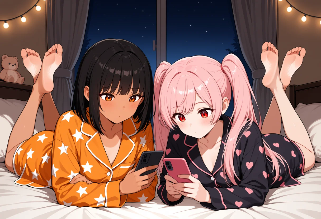 ベッドにうつぶせで並んでスマホ × お泊まり会の夜の2人ポーズのAIイラスト作例