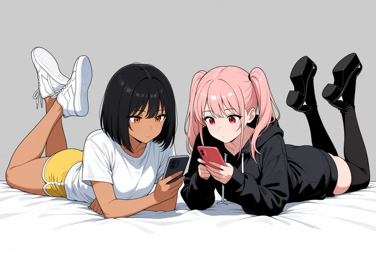 ベッドにうつぶせで並んでスマホの2人ポーズのAIイラスト作例
