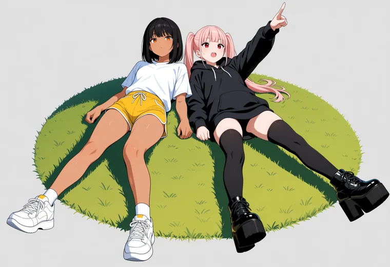 芝生に並んで寝転ぶの2人ポーズのAIイラスト作例
