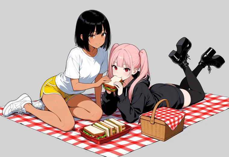 レジャーシートでピクニックの2人ポーズのAIイラスト作例