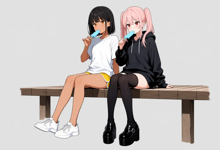縁側で足をぶらぶらさせるの2人ポーズのAIイラスト作例