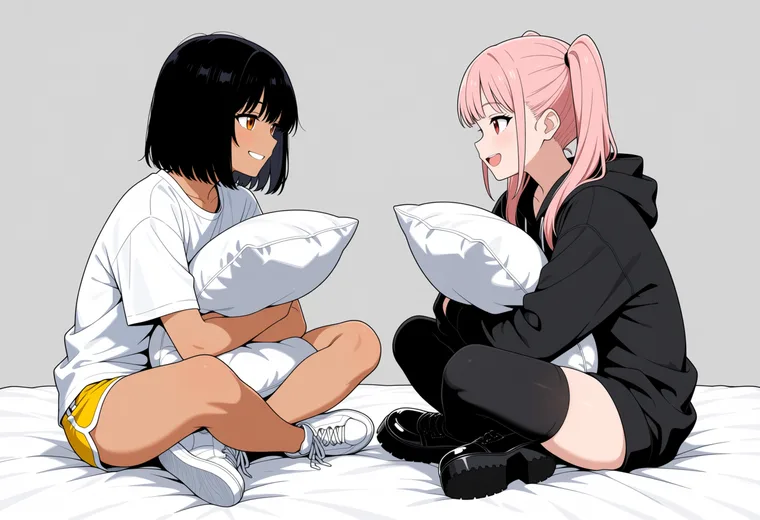 枕を抱えて向かい合って座るの2人ポーズのAIイラスト作例