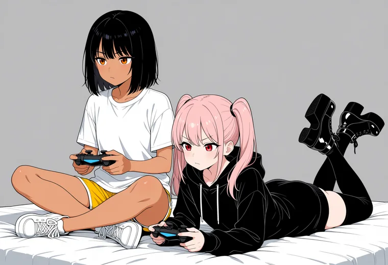 ベッドの上で並んでゲームの2人ポーズのAIイラスト作例