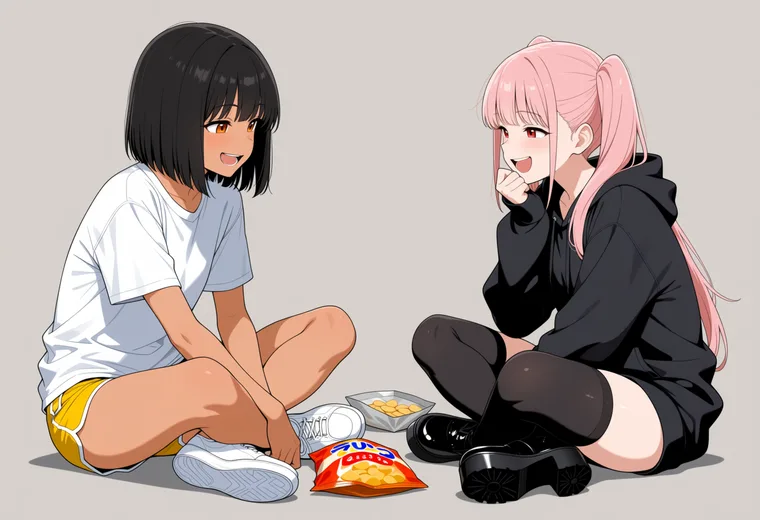 お菓子をつまみながらおしゃべりの2人ポーズのAIイラスト作例