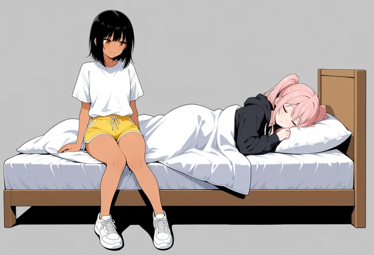 眠る相手を見守るの2人ポーズのAIイラスト作例