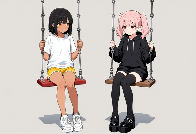 ブランコに並んで座るの2人ポーズのAIイラスト作例