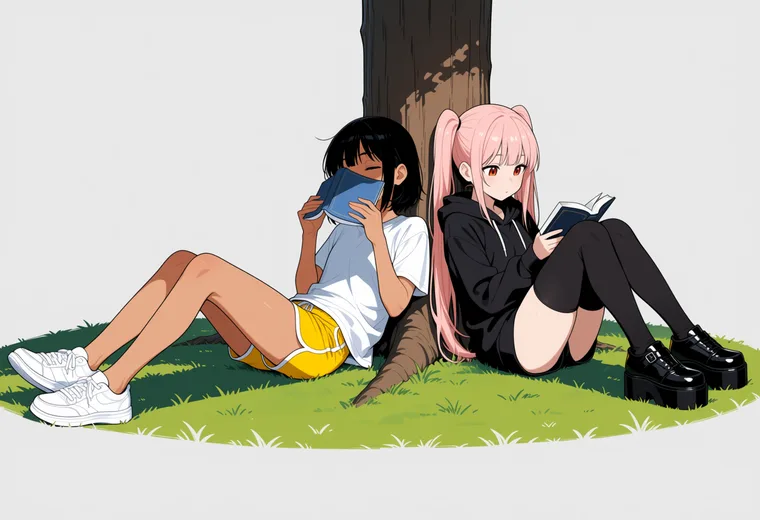 木陰で本を顔に乗せて昼寝の2人ポーズのAIイラスト作例