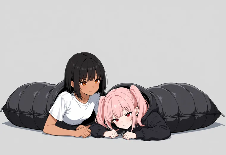 寝袋に並んでくるまるの2人ポーズのAIイラスト作例